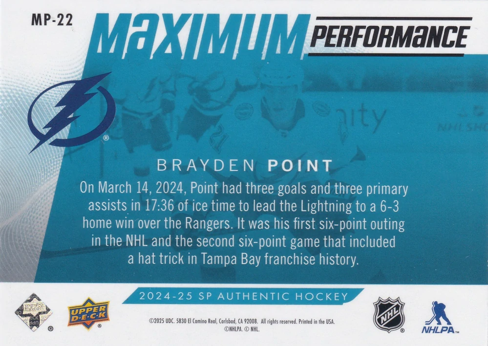 2024-25 UD SP Authentic - Brayden Point - Maximum Performance Blue #MP-22