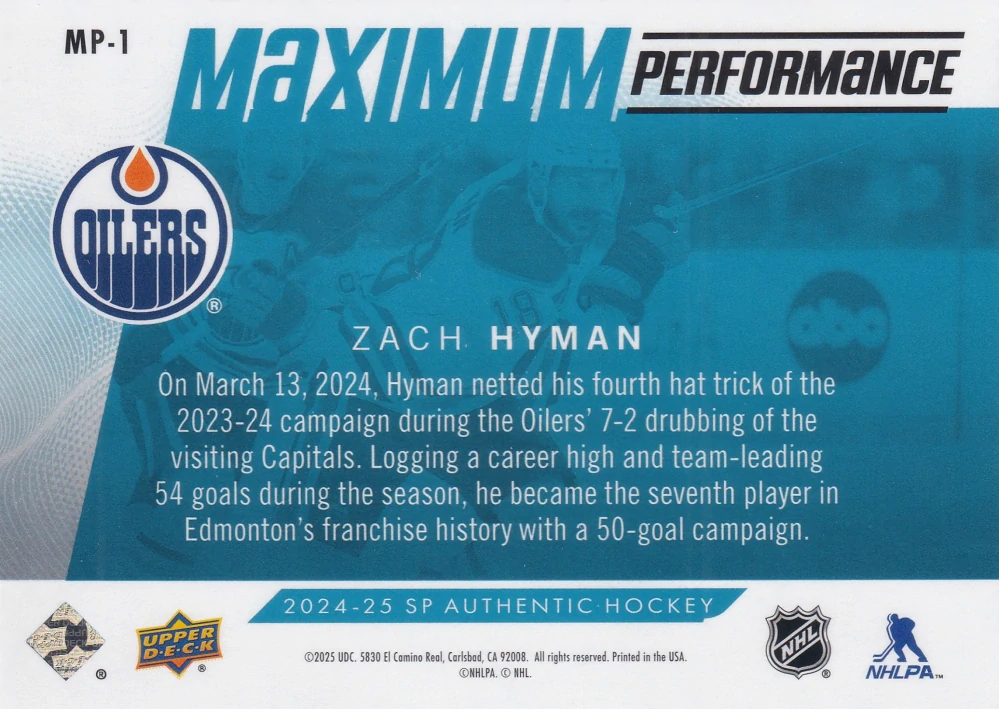 2024-25 UD SP Authentic - Zach Hyman - Maximum Performance Blue #MP-1