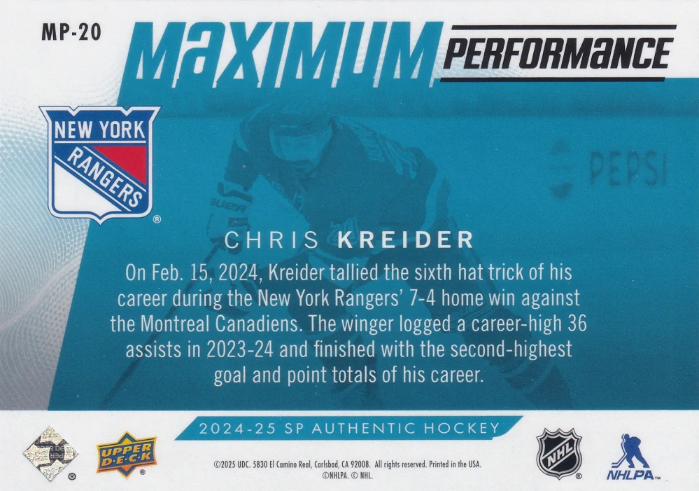 2024-25 UD SP Authentic - Chris Kreider - Maximum Performance Blue #MP-20