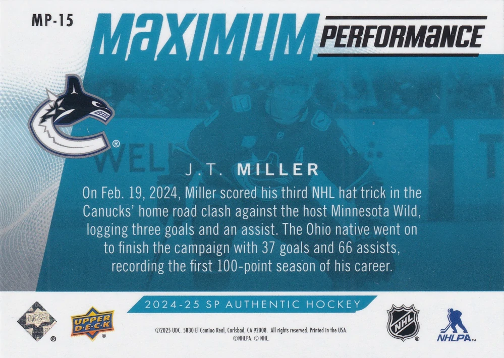 2024-25 UD SP Authentic - J.T. Miller - Maximum Performance Blue #MP-15