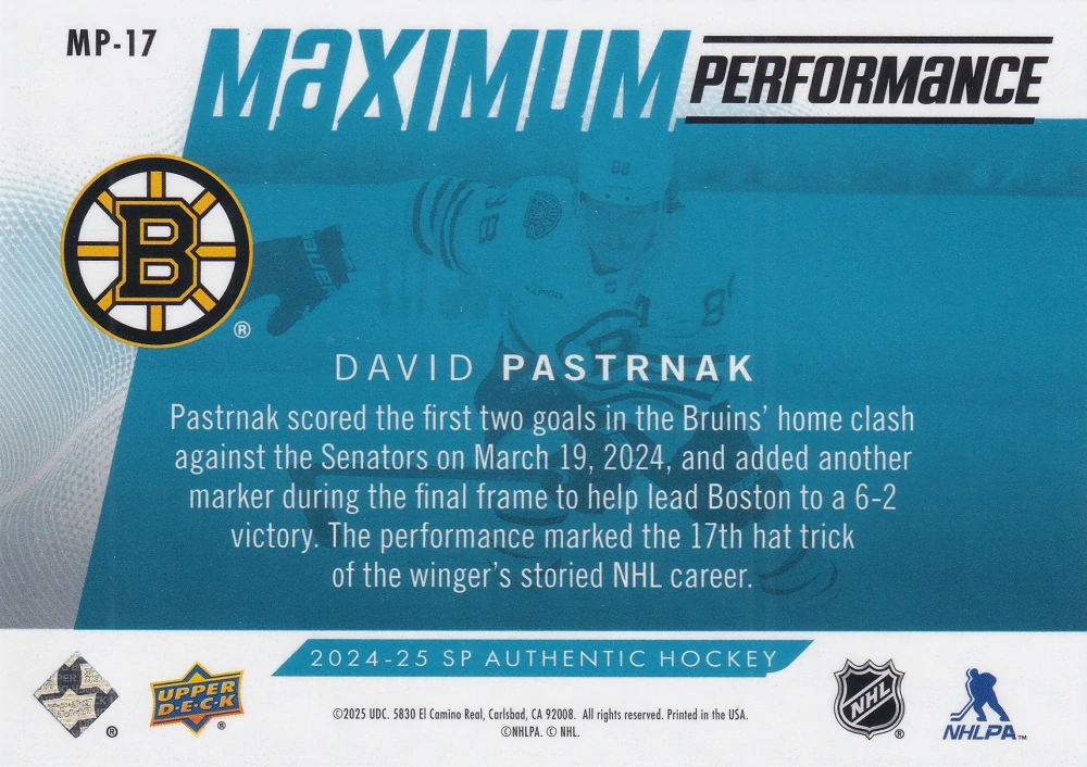 2024-25 UD SP Authentic - David Pastrňák - Maximum Performance Blue #MP-17