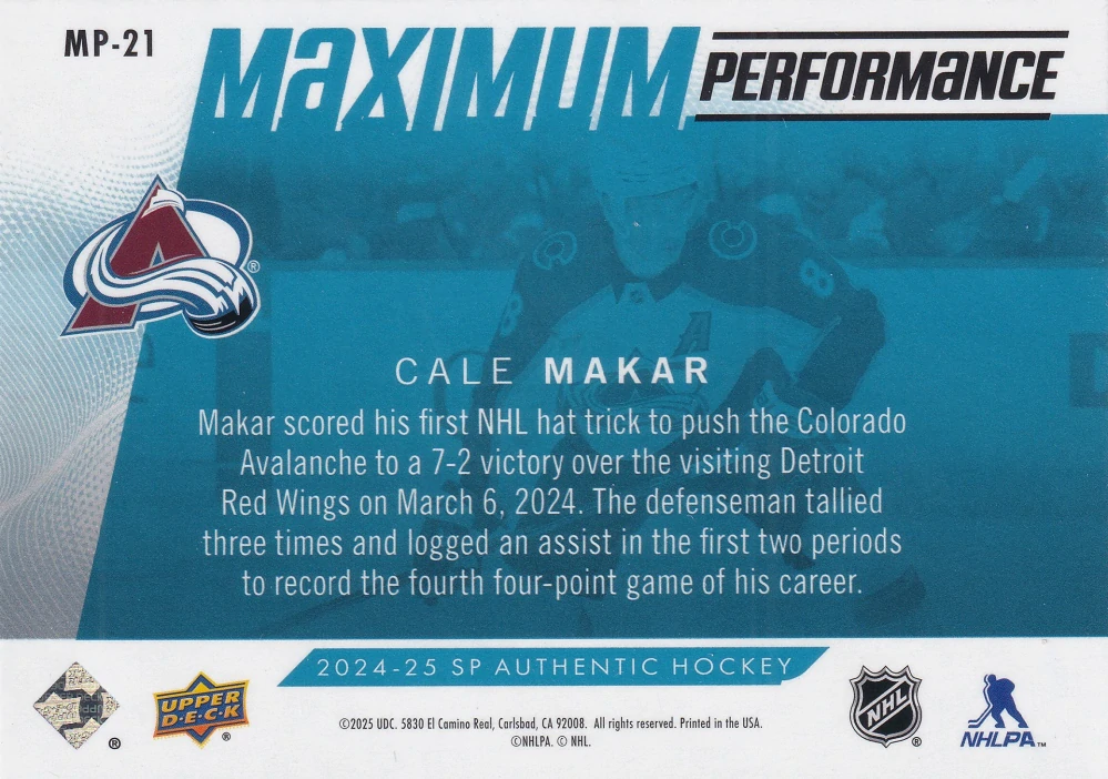 2024-25 UD SP Authentic - Cale Makar - Maximum Performance Blue #MP-21