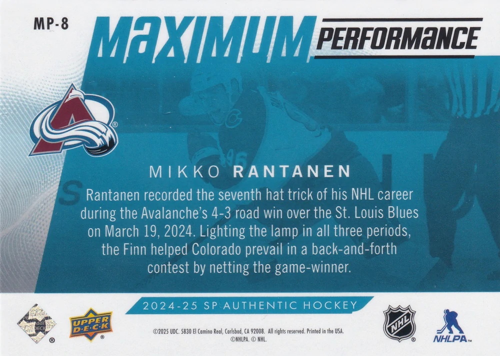 2024-25 UD SP Authentic - Mikko Rantanen - Maximum Performance Blue #MP-8