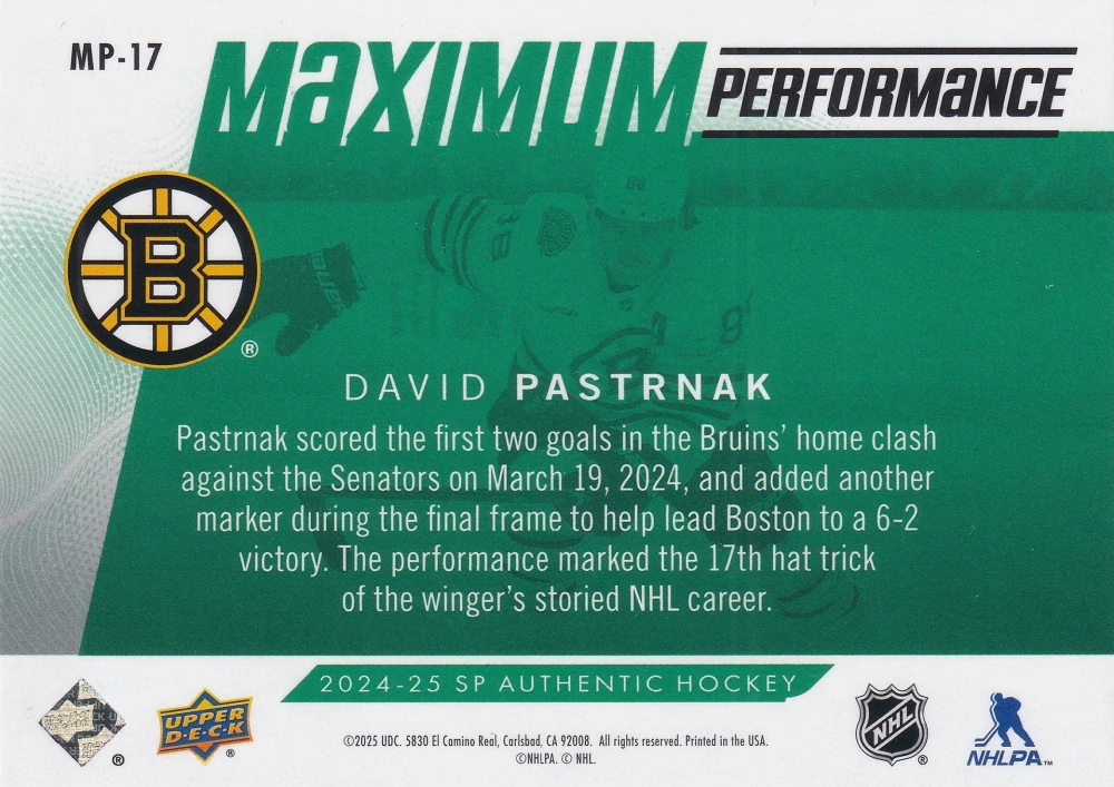 2024-25 UD SP Authentic - David Pastrňák - Maximum Performance Green #MP-17