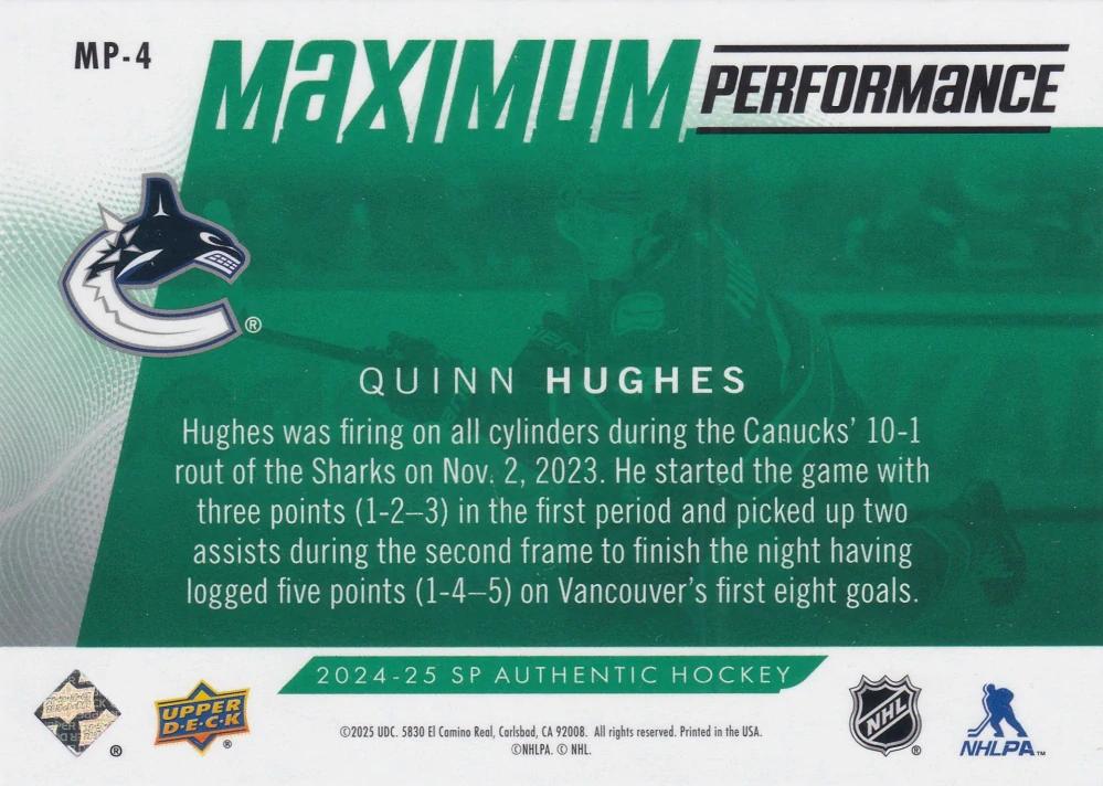 2024-25 UD SP Authentic - Quinn Hughes - Maximum Performance Green #MP-4