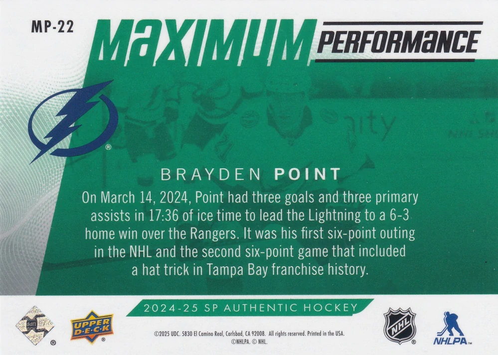 2024-25 UD SP Authentic - Brayden Point - Maximum Performance Green #MP-22