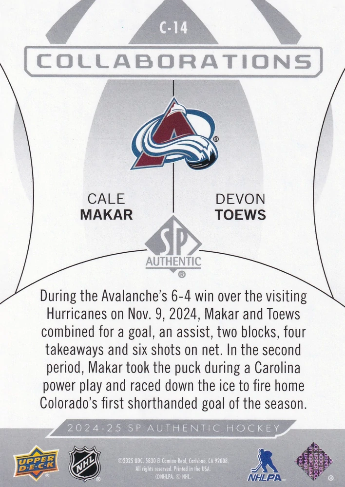 2024-25 UD SP Authentic - Cale Makar, Devon Toews - Collaborations #C-14