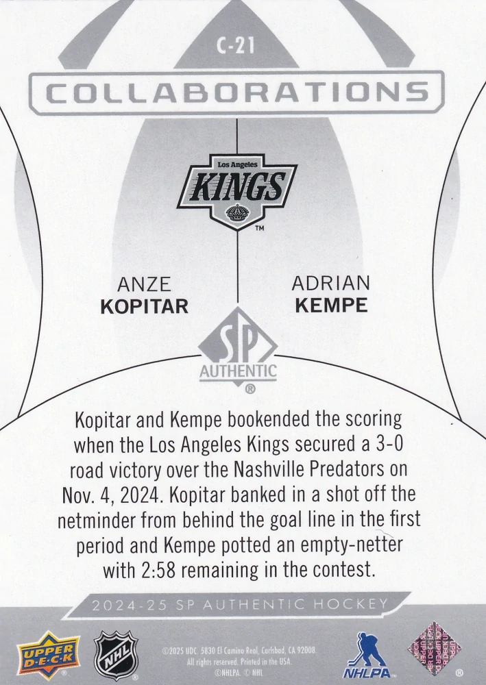 2024-25 UD SP Authentic - Anze Kopitar, Adrian Kempe - Collaborations #C-21