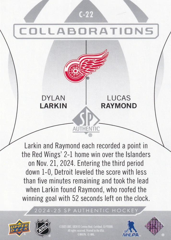 2024-25 UD SP Authentic - Dylan Larkin, Lucas Raymond - Collaborations #C-22