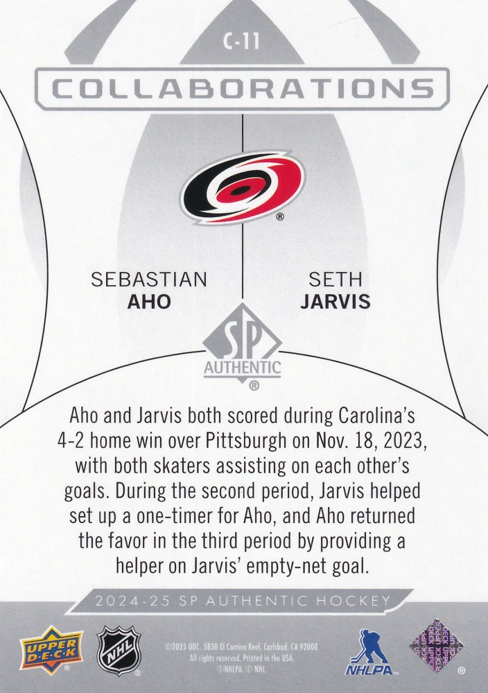 2024-25 UD SP Authentic - Sebastian Aho, Seth Jarvis - Collaborations #C-11