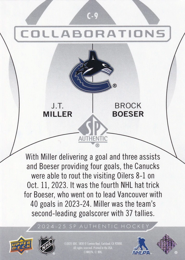 2024-25 UD SP Authentic - J.T. Miller, Brock Boeser - Collaborations #C-9