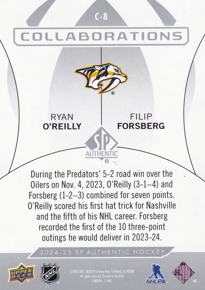 2024-25 UD SP Authentic - Ryan O'Reilly, Filip Forsberg - Collaborations #C-8