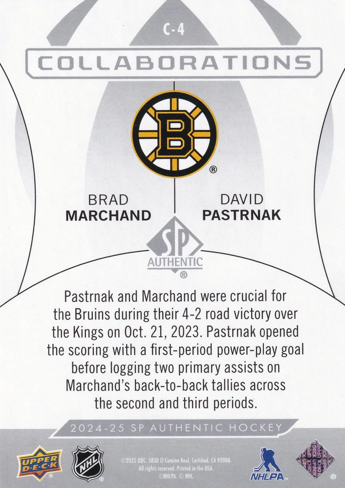 2024-25 UD SP Authentic - Brad Marchand, David Pastrňák - Collaborations #C-4