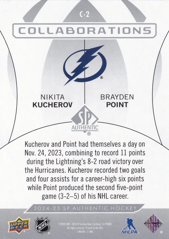 2024-25 UD SP Authentic - Nikita Kucherov, Brayden Point - Collaborations #C-2