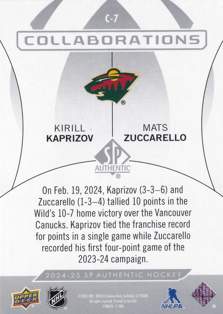 2024-25 UD SP Authentic - Kirill Kaprizov, Mats Zuccarello - Collaborations #C-7