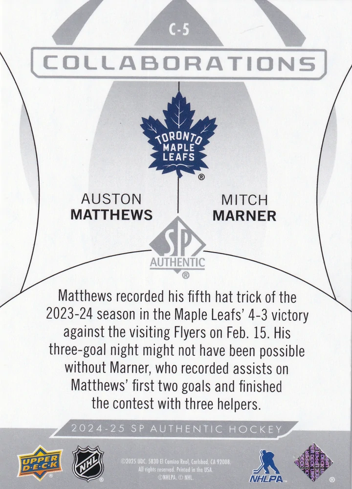 2024-25 UD SP Authentic - Auston Matthews, Mitch Marner - Collaborations #C-5