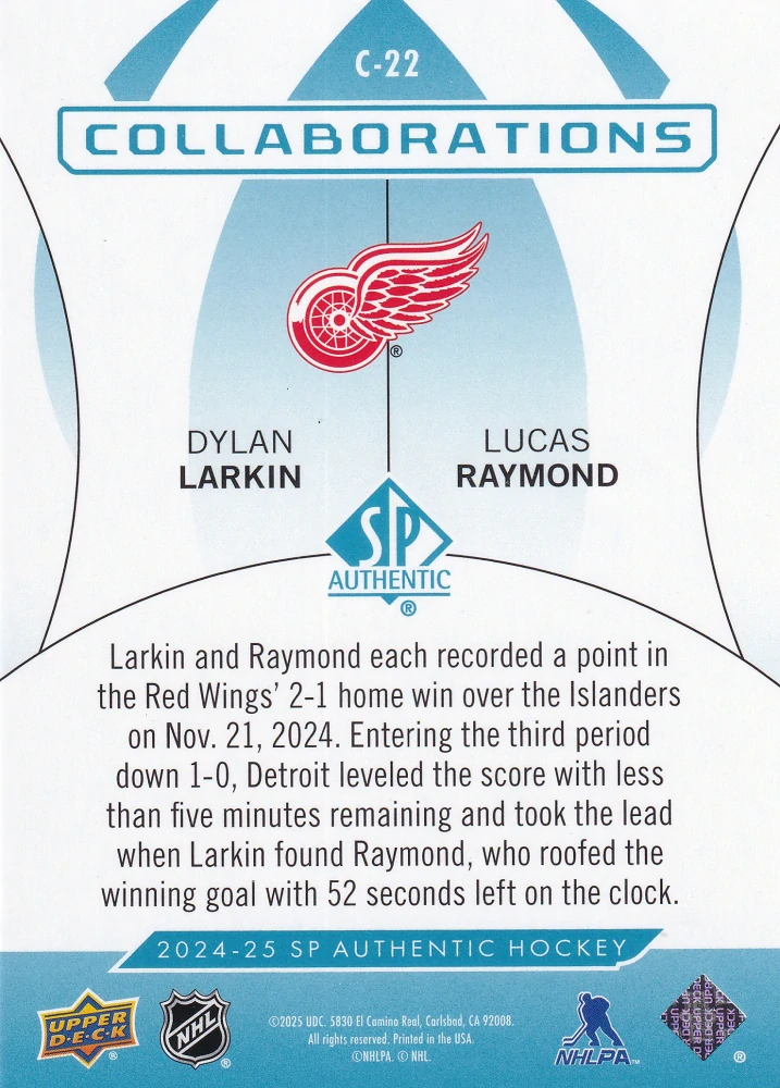 2024-25 UD SP Authentic - Dylan Larkin, Lucas Raymond - Collaborations Blue #C-22