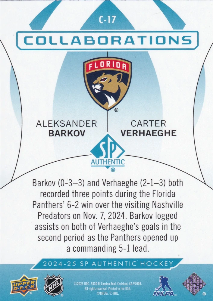 2024-25 UD SP Authentic - Aleksander Barkov, Carter Verhaeghe - Collaborations Blue #C-17