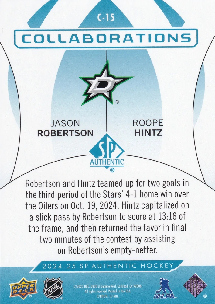 2024-25 UD SP Authentic - Jason Robertson, Roope Hintz - Collaborations Blue #C-15