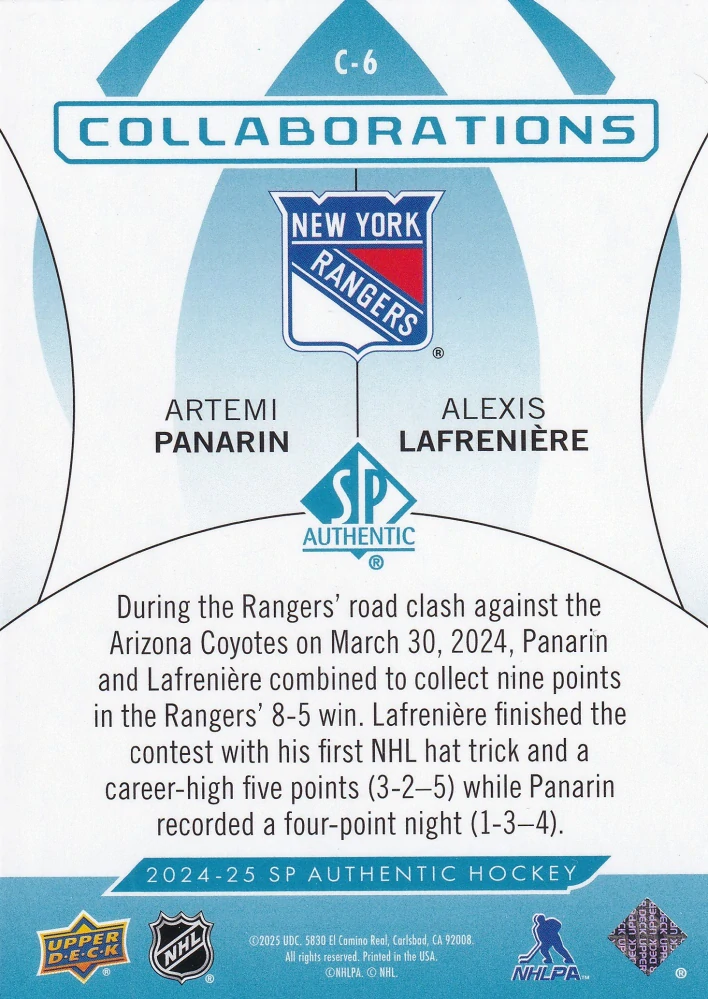 2024-25 UD SP Authentic - Artemi Panarin, Alexis Lafreniere - Collaborations Blue #C-6