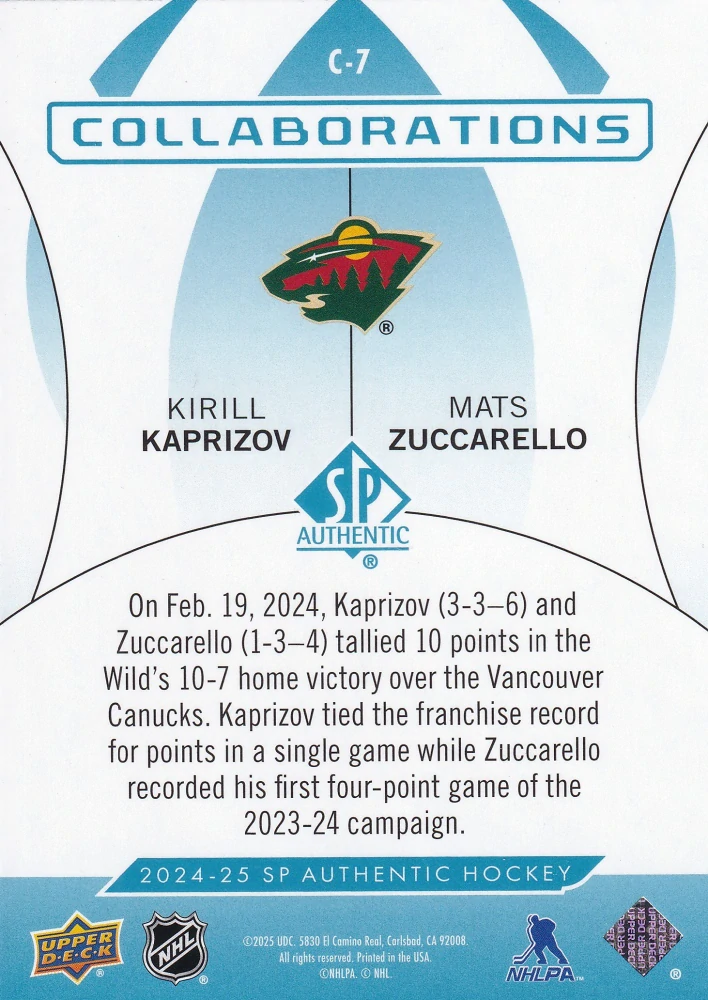 2024-25 UD SP Authentic - Kirill Kaprizov, Mats Zuccarello - Collaborations Blue #C-7