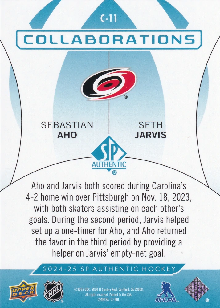 2024-25 UD SP Authentic - Sebastian Aho, Seth Jarvis - Collaborations Blue #C-11