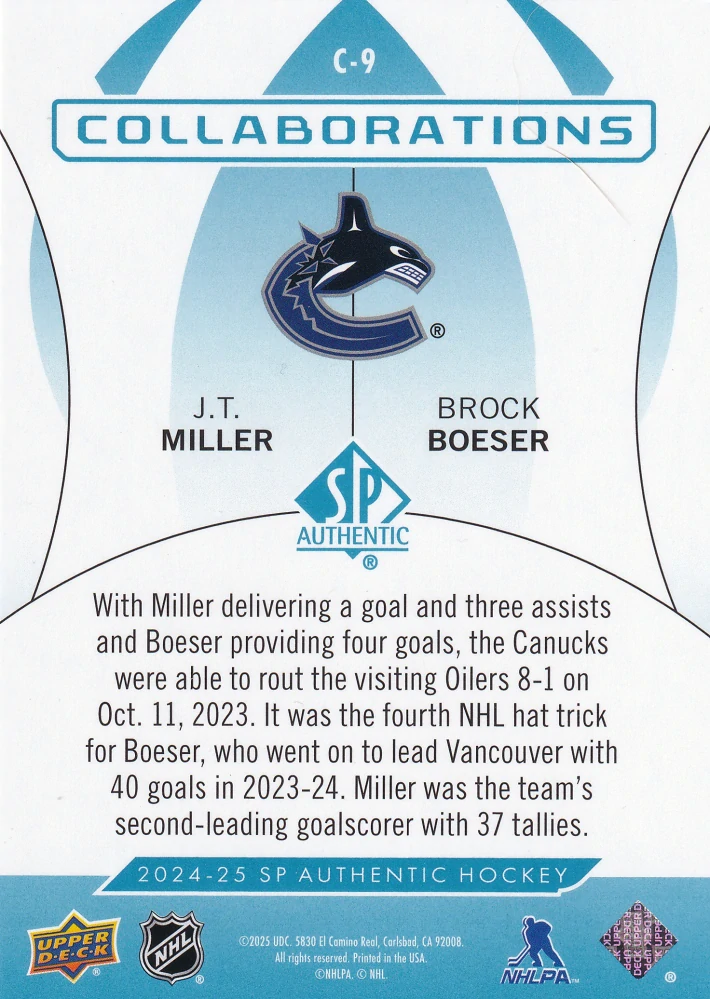2024-25 UD SP Authentic - J.T. Miller, Brock Boeser - Collaborations Blue #C-9