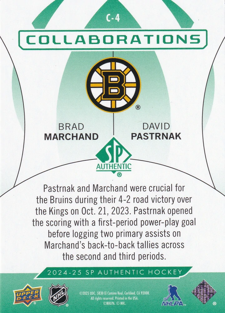 2024-25 UD SP Authentic - Brad Marchand, David Pastrňák - Collaborations Green #C-4