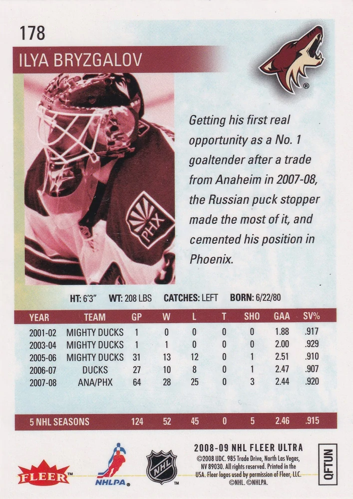 2008-09 Fleer Ultra - Ilya Bryzgalov - Gold Medallion #178