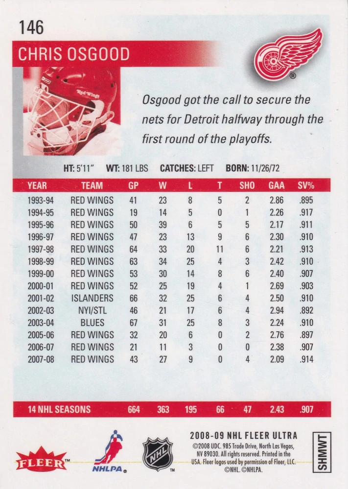 2008-09 Fleer Ultra - Chris Osgood - Gold Medallion #146