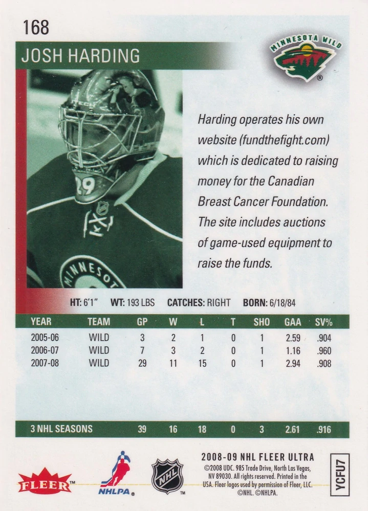 2008-09 Fleer Ultra - Josh Harding - Gold Medallion #168