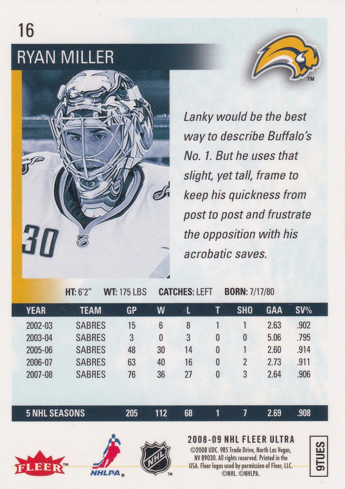 2008-09 Fleer Ultra - Ryan Miller - Gold Medallion #16