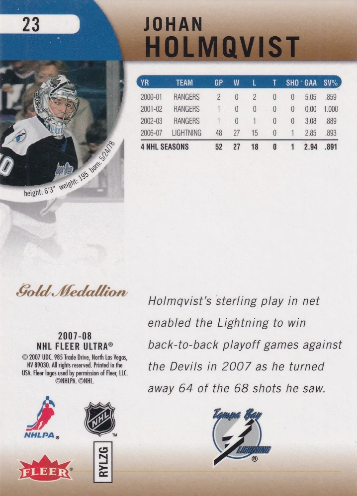 2007-08 Fleer Ultra - Johan Holmqvist - Gold Medallion #23