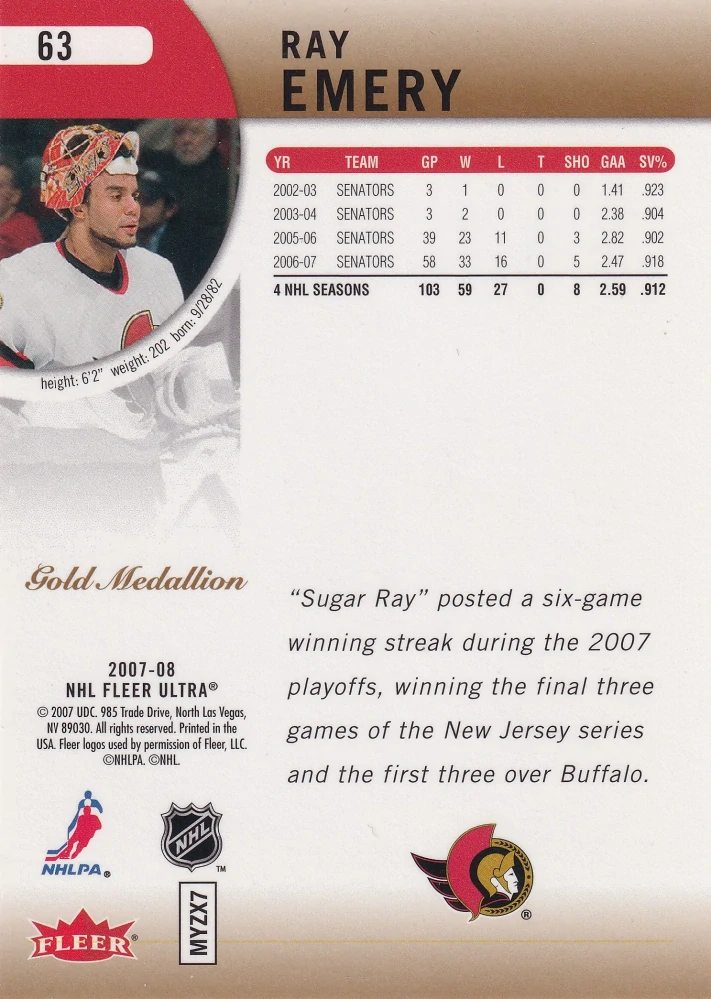 2007-08 Fleer Ultra - Ray Emery - Gold Medallion #63