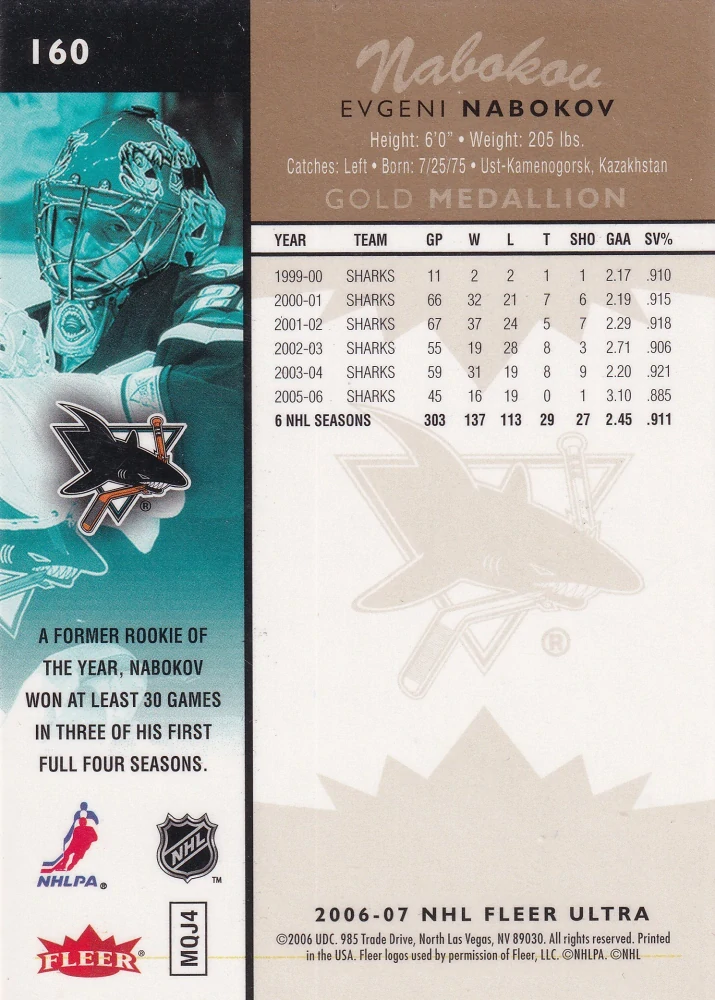 2006-07 Fleer Ultra - Evgeni Nabokov - Gold Medallion #160