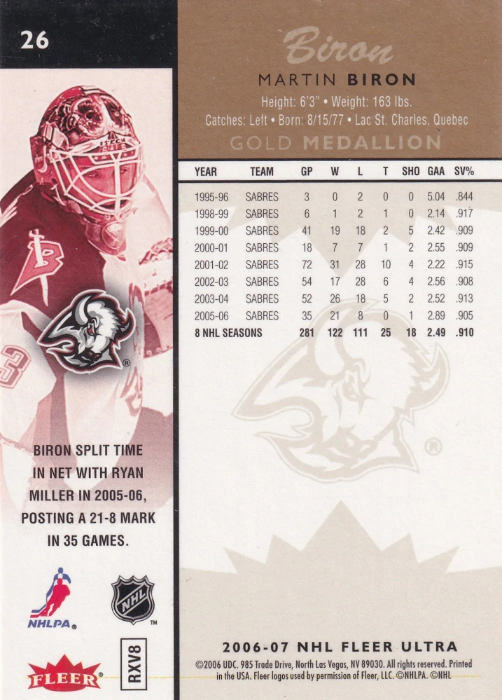 2006-07 Fleer Ultra - Martin Biron - Gold Medallion #26
