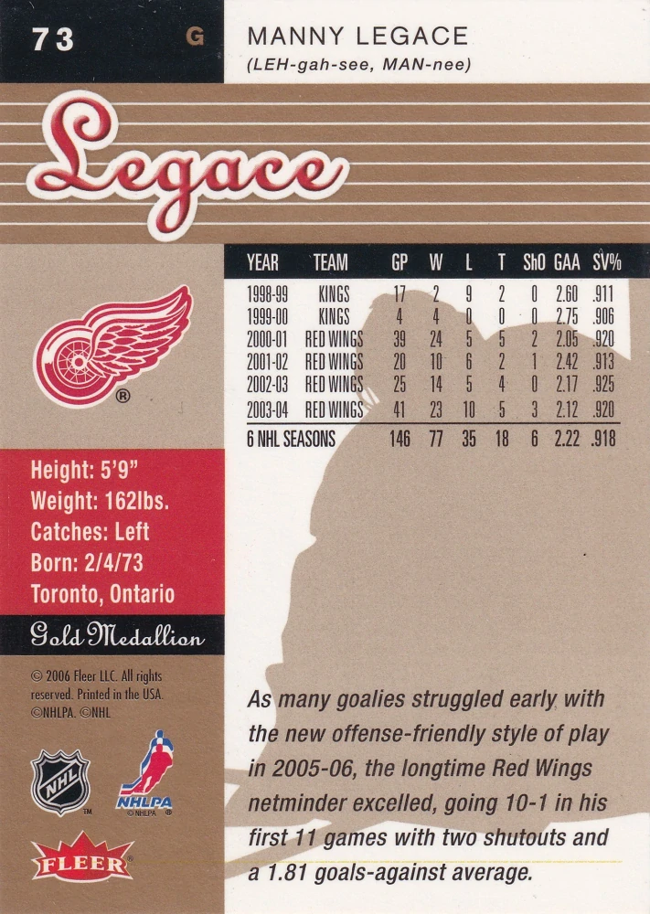 2005-06 Fleer Ultra - Manny Legace - Gold Medallion #73