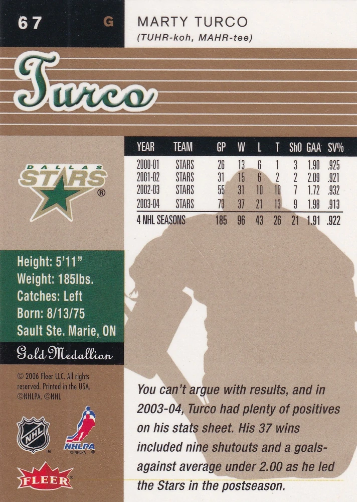 2005-06 Fleer Ultra - Marty Turco - Gold Medallion #67