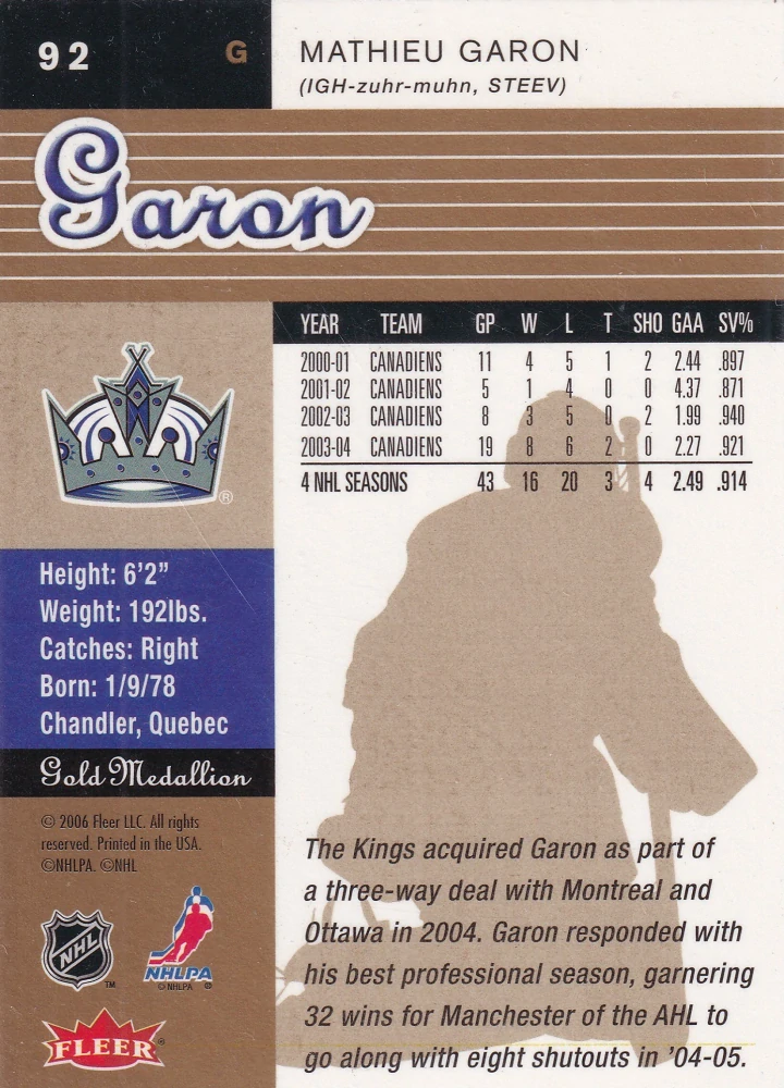2005-06 Fleer Ultra - Mathieu Garon - Gold Medallion #92