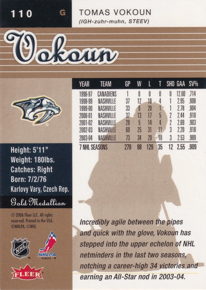 2005-06 Fleer Ultra - Tomáš Vokoun - Gold Medallion #110
