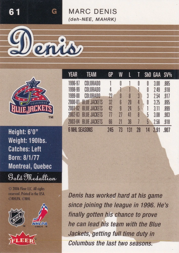 2005-06 Fleer Ultra - Marc Denis - Gold Medallion #61