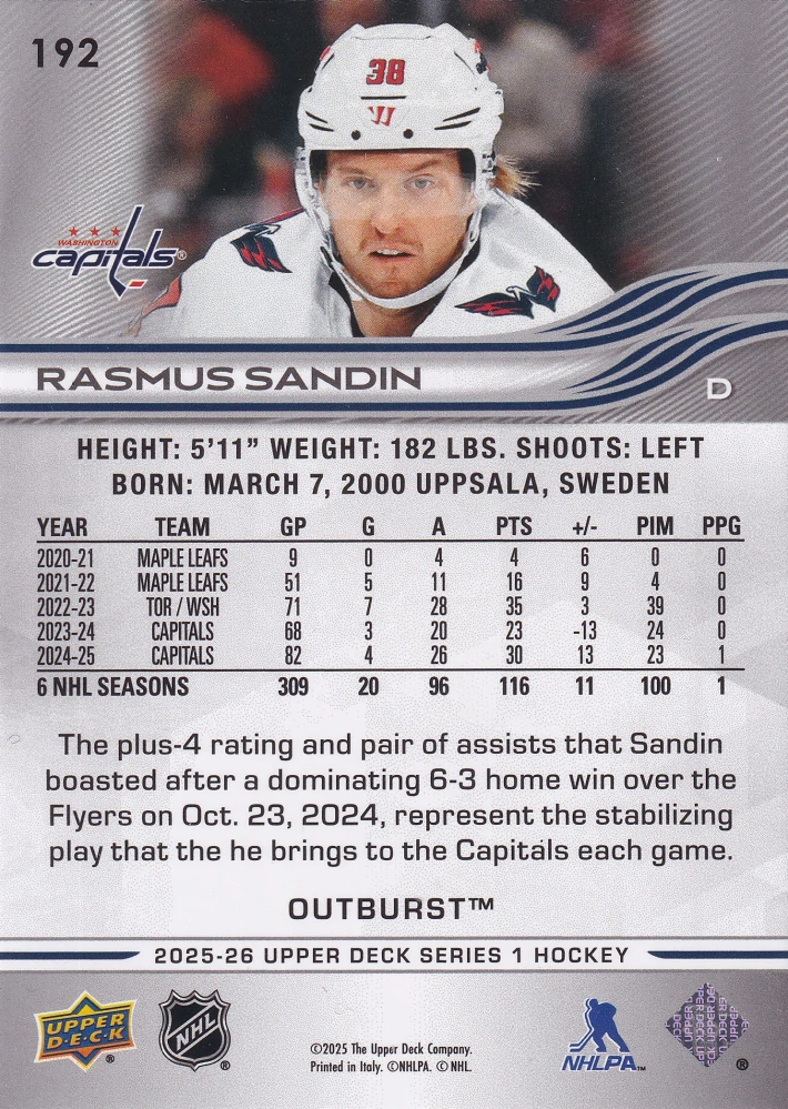 2025-26 UD Series 1 - Rasmus Sandin - Outburst #192