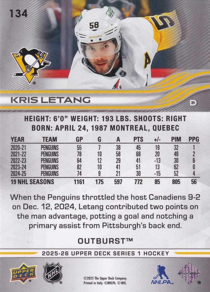 2025-26 UD Series 1 - Kris Letang - Outburst #134