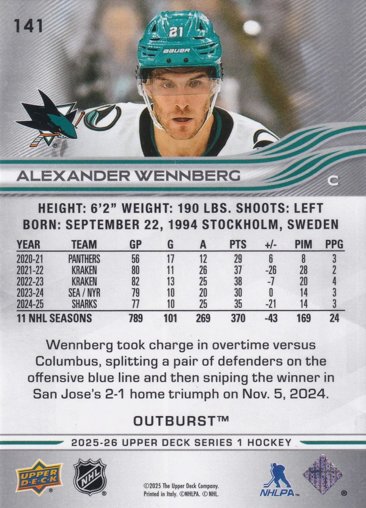 2025-26 UD Series 1 - Alexander Wennberg - Outburst #141