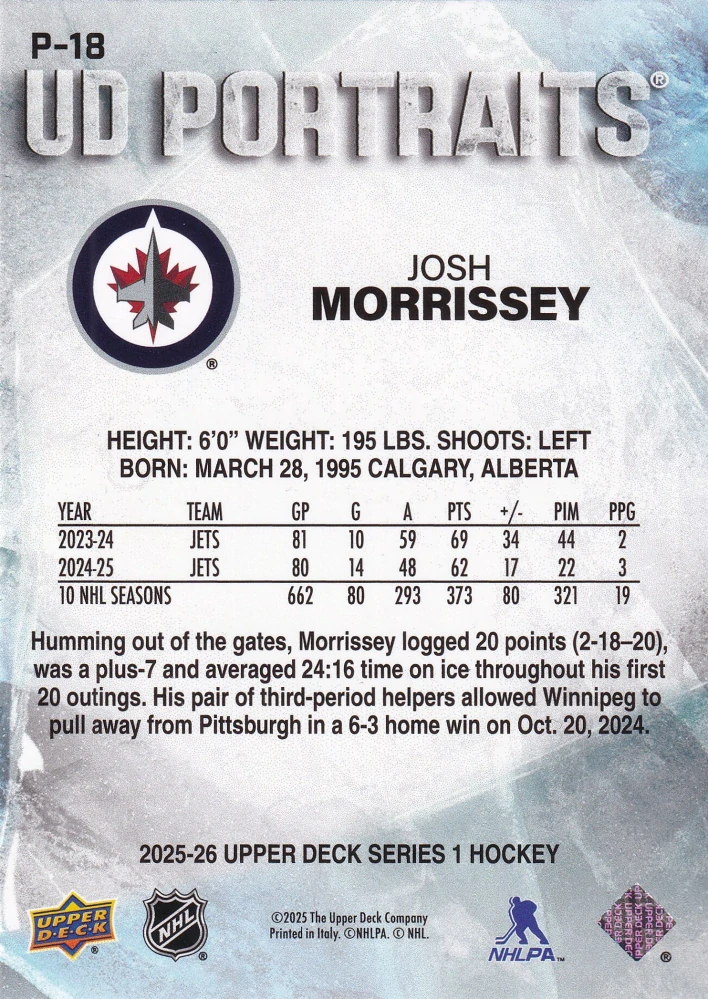 2025-26 UD Series 1 - Josh Morrissey - UD Portraits #P-18