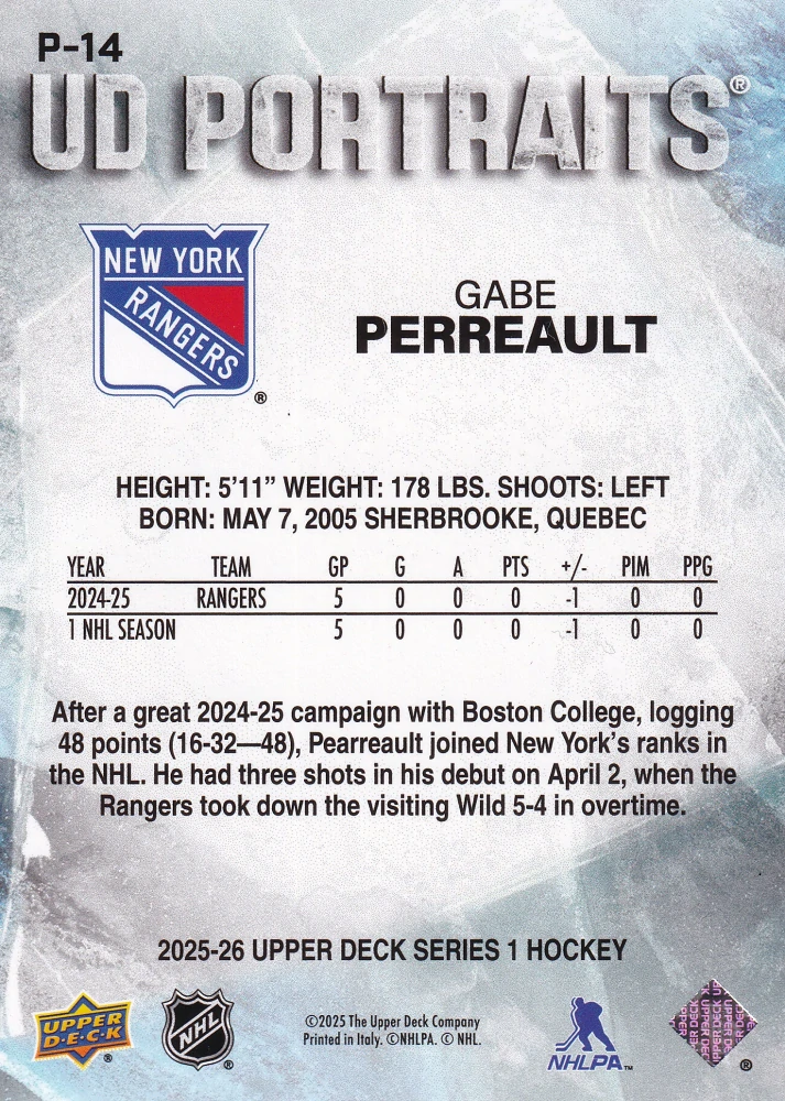 2025-26 UD Series 1 - Gabe Perreault - UD Portraits #P-14