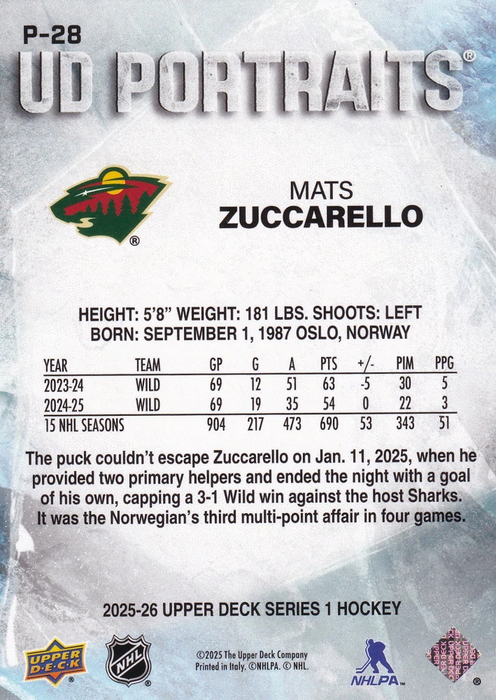2025-26 UD Series 1 - Mats Zuccarello - UD Portraits #P-28