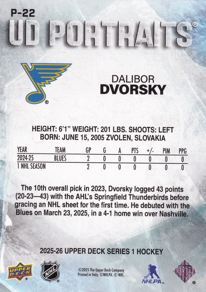 2025-26 UD Series 1 - Dalibor Dvorský - UD Portraits #P-22
