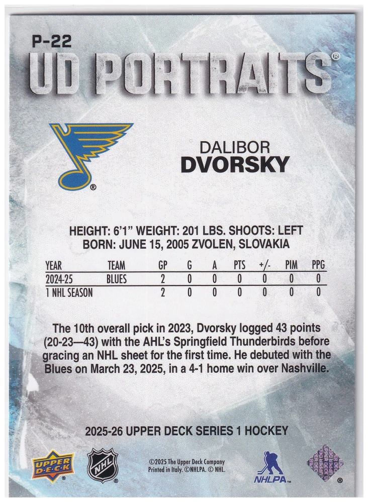 2025-26 UD Series 1 - Dalibor Dvorský - UD Portraits #P-22