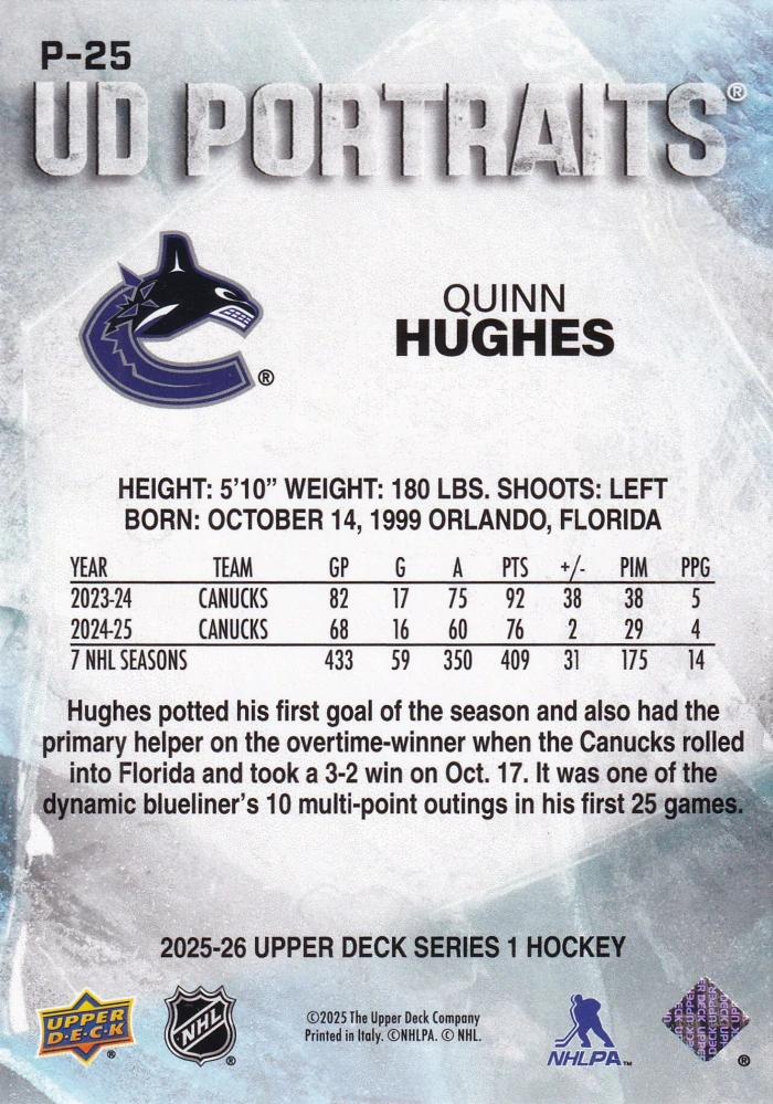 2025-26 UD Series 1 - Quinn Hughes - UD Portraits #P-25